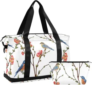 Japanese Spring Tree Branches with Red flowers Green Leaves Birds Gym Duffel Bag, Polyester Travel Weekender Luggage Handbag with Waterproof Pocket for Wet Items, Unisex Foldable Tote for Sports