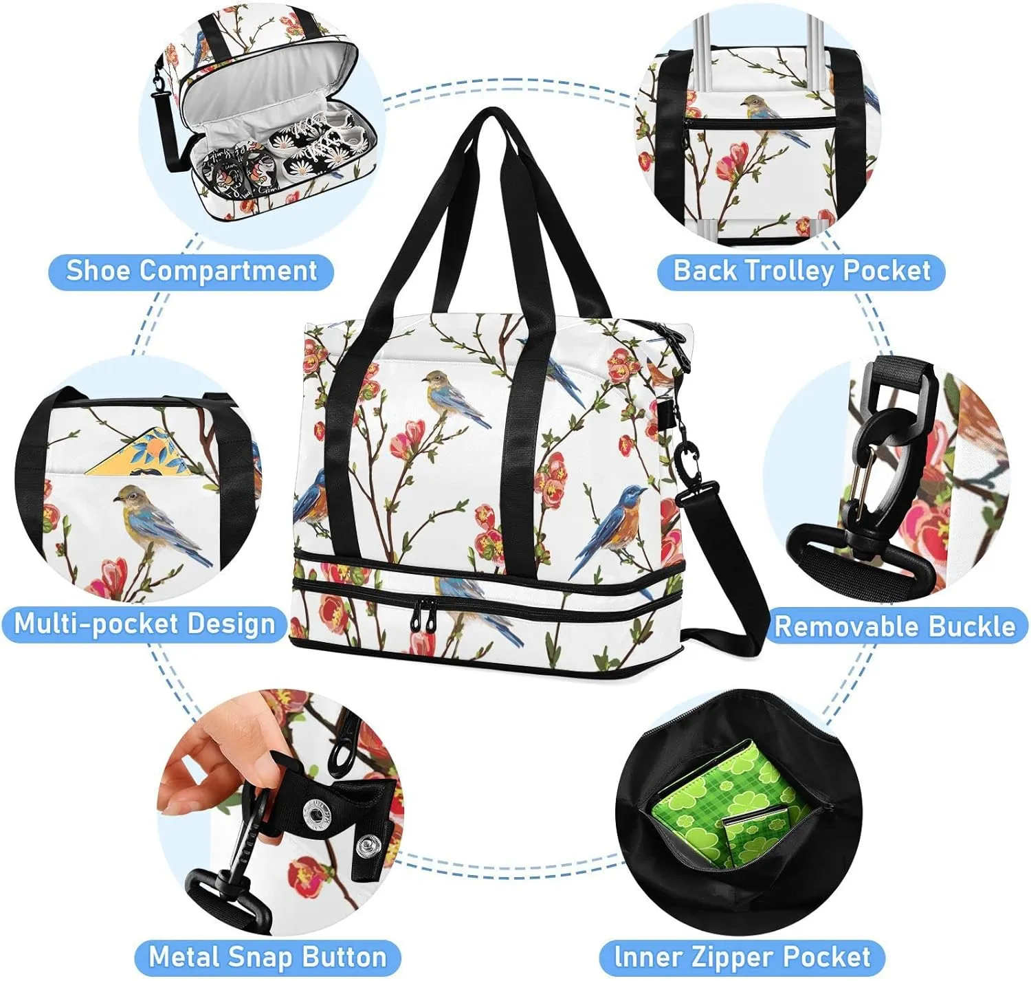 Japanese Spring Tree Branches with Red flowers Green Leaves Birds Gym Duffel Bag, Polyester Travel Weekender Luggage Handbag with Waterproof Pocket for Wet Items, Unisex Foldable Tote for Sports