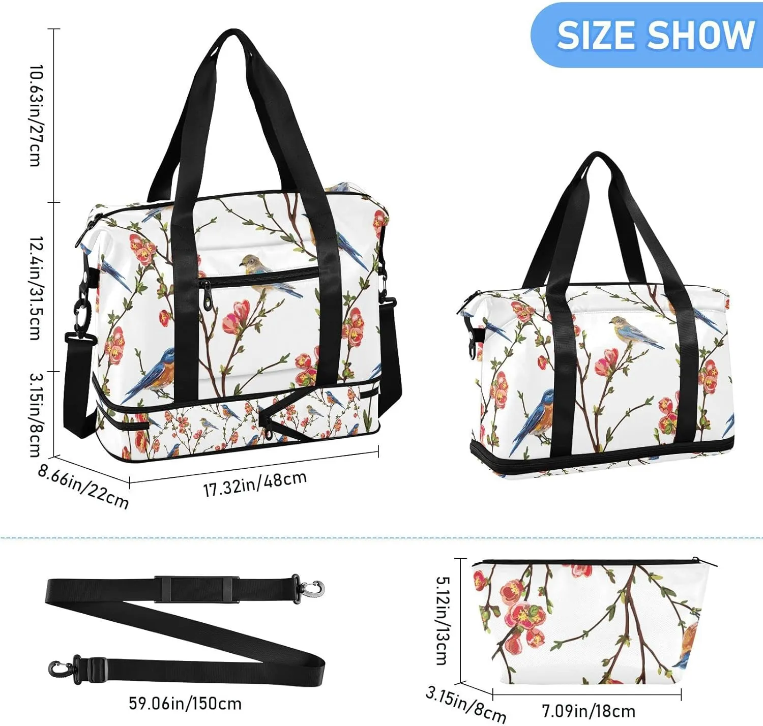 Japanese Spring Tree Branches with Red flowers Green Leaves Birds Gym Duffel Bag, Polyester Travel Weekender Luggage Handbag with Waterproof Pocket for Wet Items, Unisex Foldable Tote for Sports
