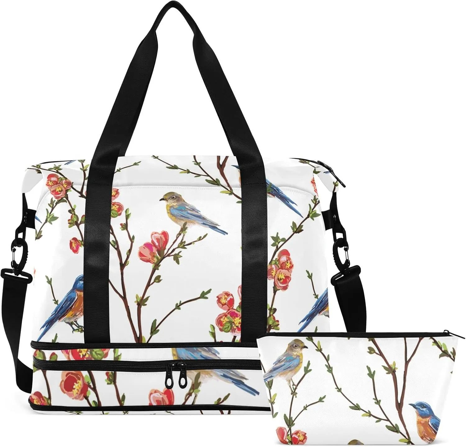 Japanese Spring Tree Branches with Red flowers Green Leaves Birds Gym Duffel Bag, Polyester Travel Weekender Luggage Handbag with Waterproof Pocket for Wet Items, Unisex Foldable Tote for Sports