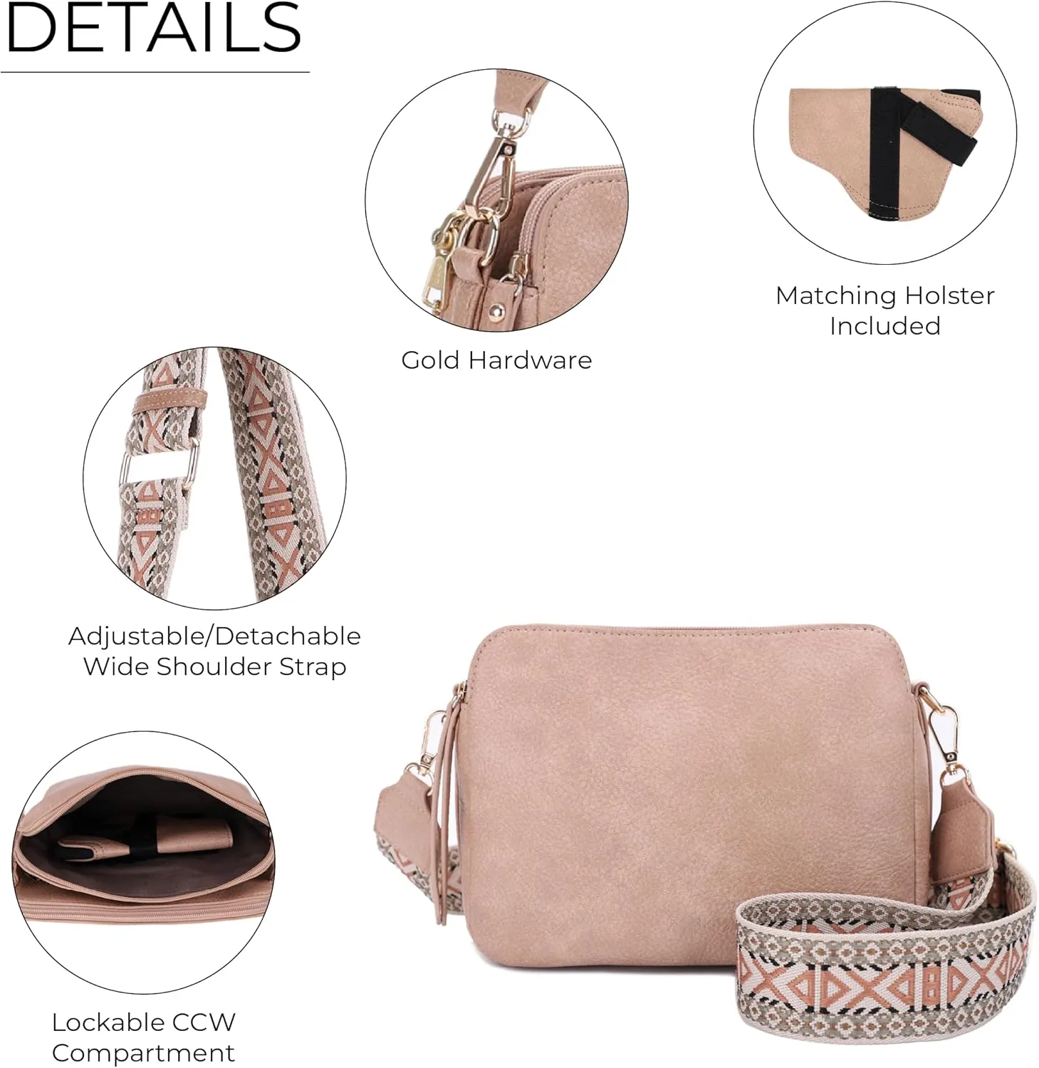 JESSIE & JAMES Rebecca Triple Compartment Lock and Key Lightweight Medium Crossbody Purse with Guitar Strap