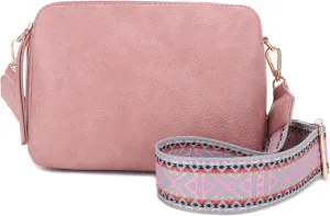 JESSIE & JAMES Rebecca Triple Compartment Lock and Key Lightweight Medium Crossbody Purse with Guitar Strap