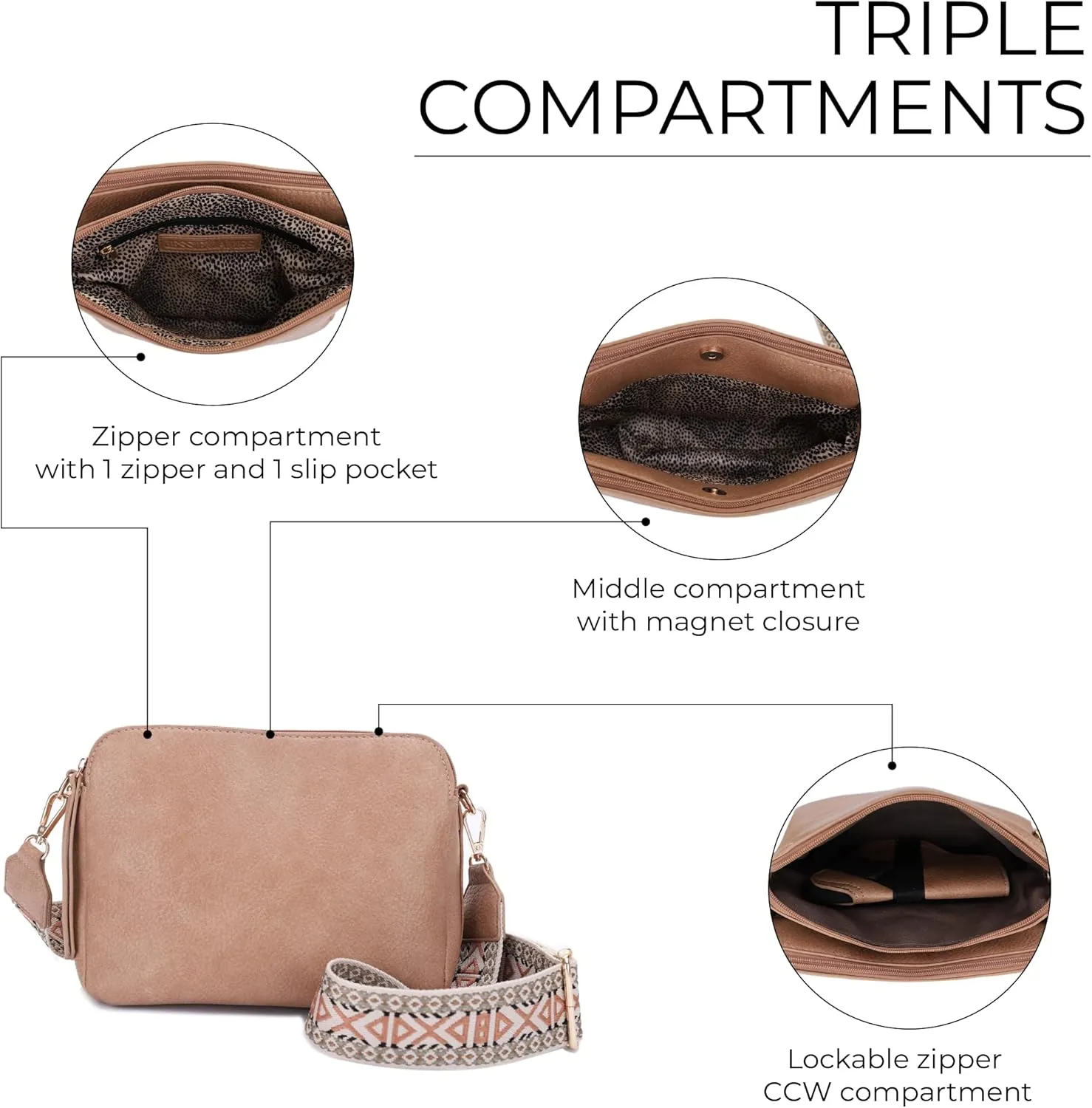 JESSIE & JAMES Rebecca Triple Compartment Lock and Key Lightweight Medium Crossbody Purse with Guitar Strap