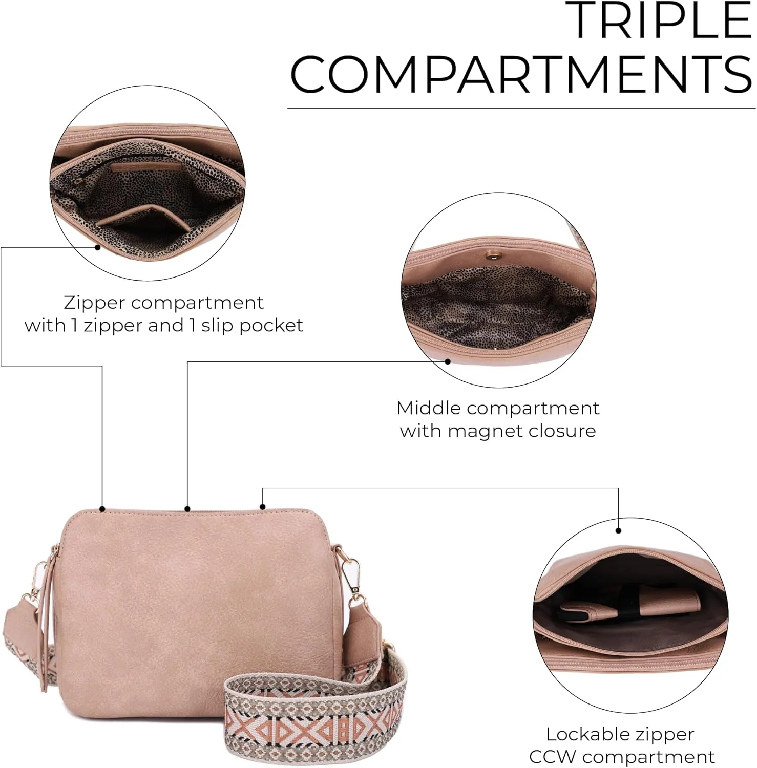 JESSIE & JAMES Rebecca Triple Compartment Lock and Key Lightweight Medium Crossbody Purse with Guitar Strap