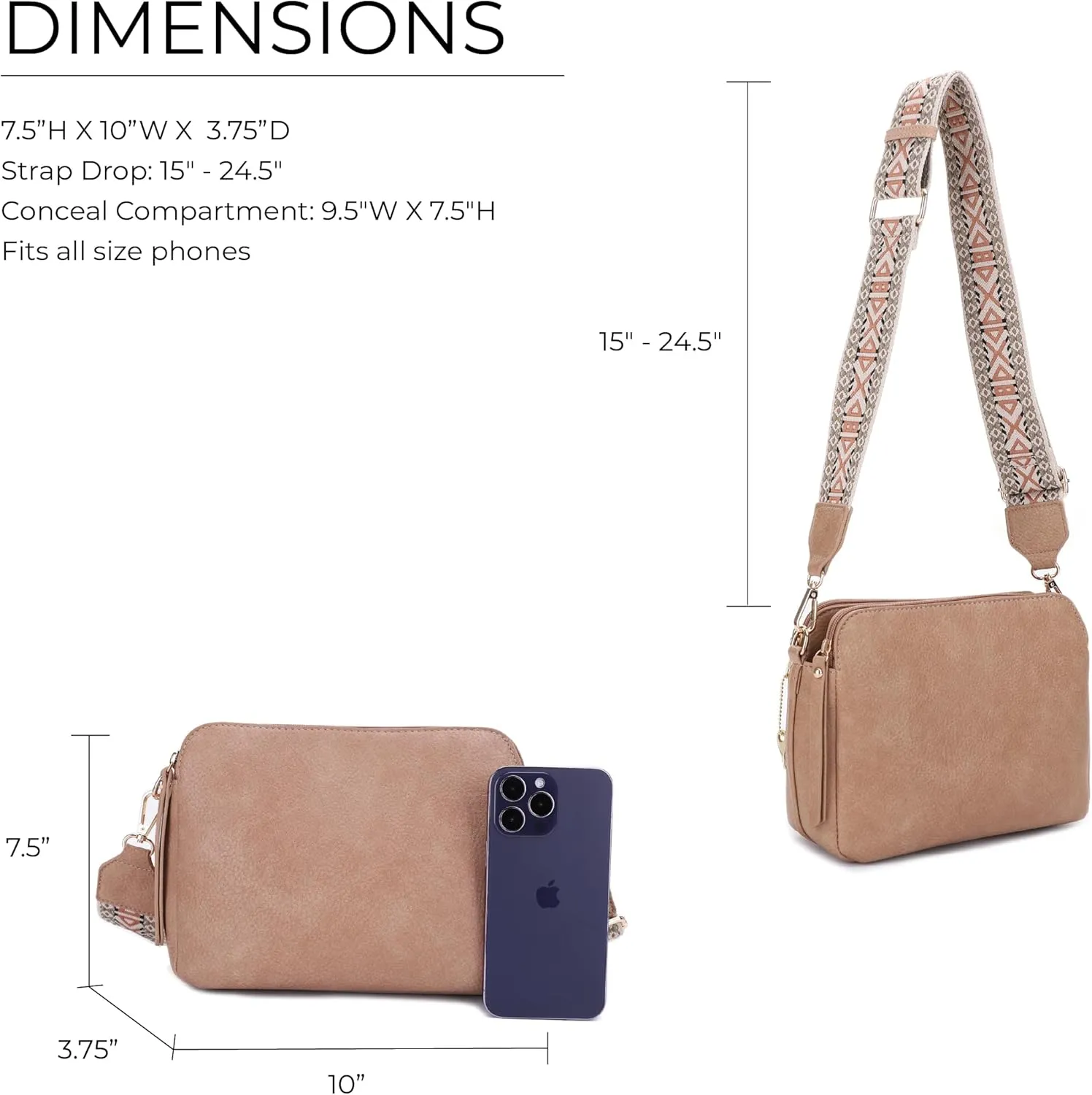 JESSIE & JAMES Rebecca Triple Compartment Lock and Key Lightweight Medium Crossbody Purse with Guitar Strap