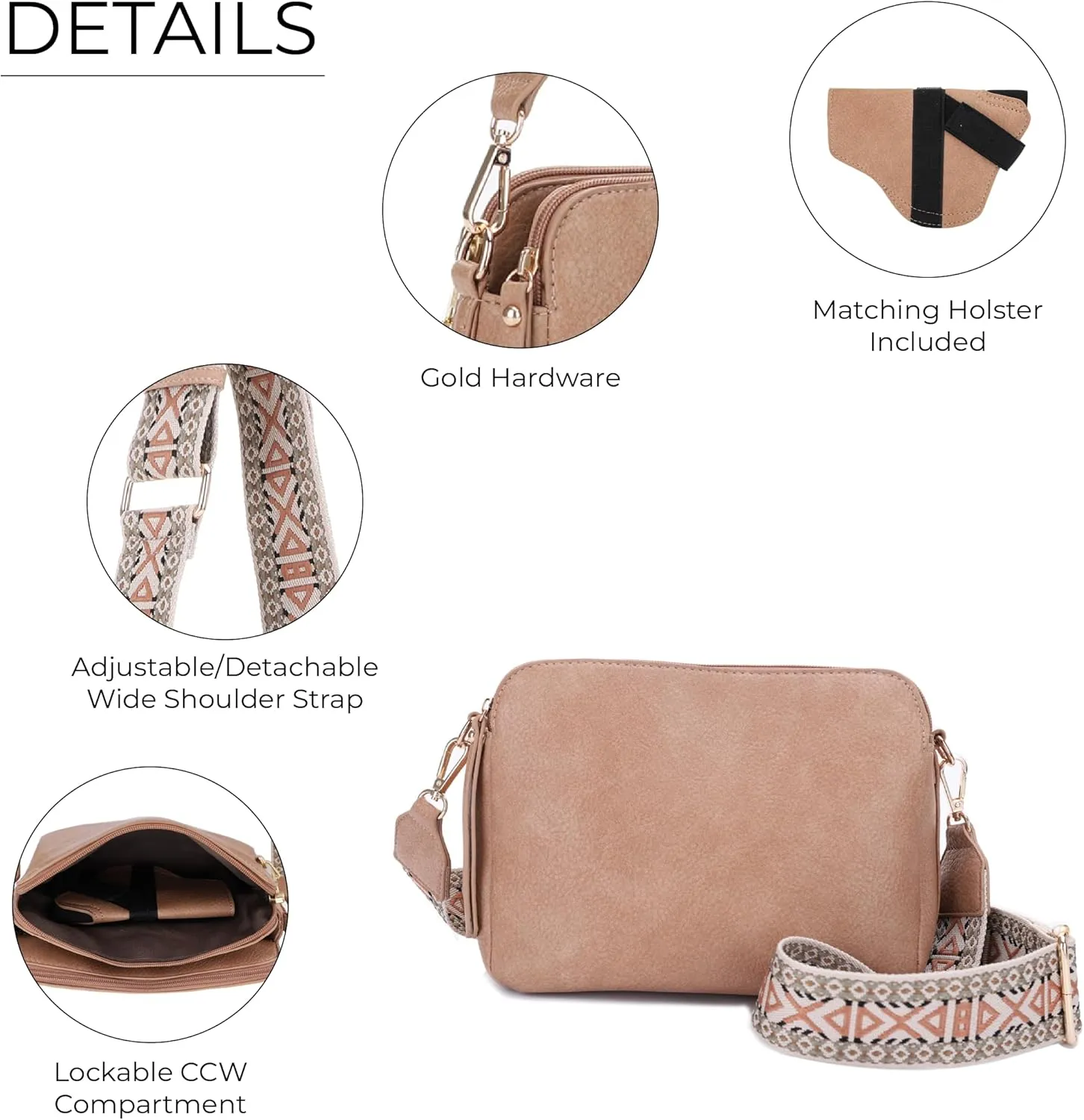 JESSIE & JAMES Rebecca Triple Compartment Lock and Key Lightweight Medium Crossbody Purse with Guitar Strap