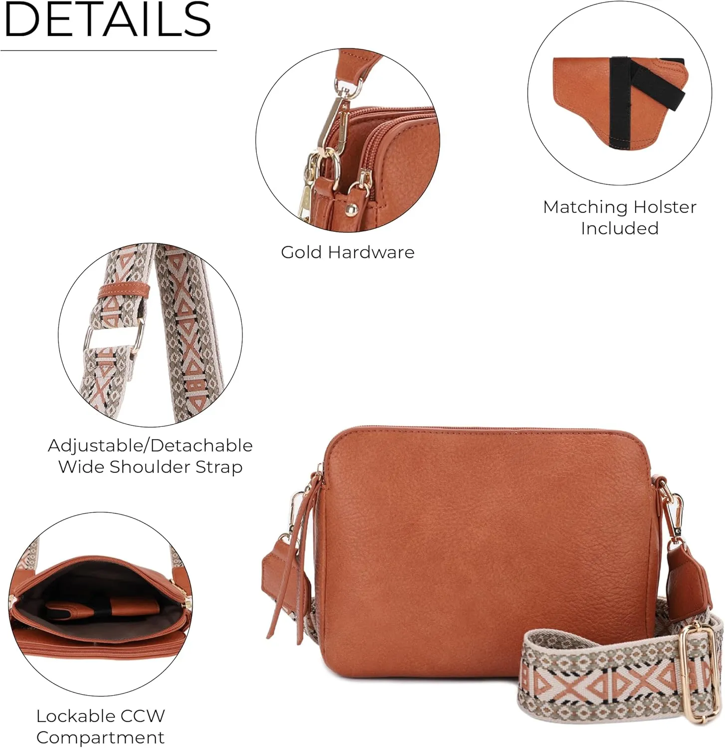 JESSIE & JAMES Rebecca Triple Compartment Lock and Key Lightweight Medium Crossbody Purse with Guitar Strap