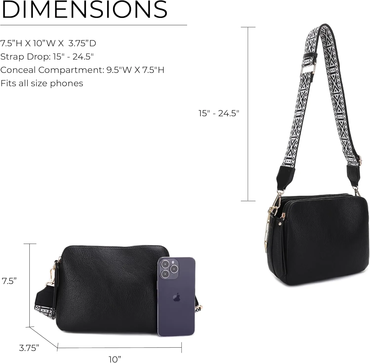 JESSIE & JAMES Rebecca Triple Compartment Lock and Key Lightweight Medium Crossbody Purse with Guitar Strap