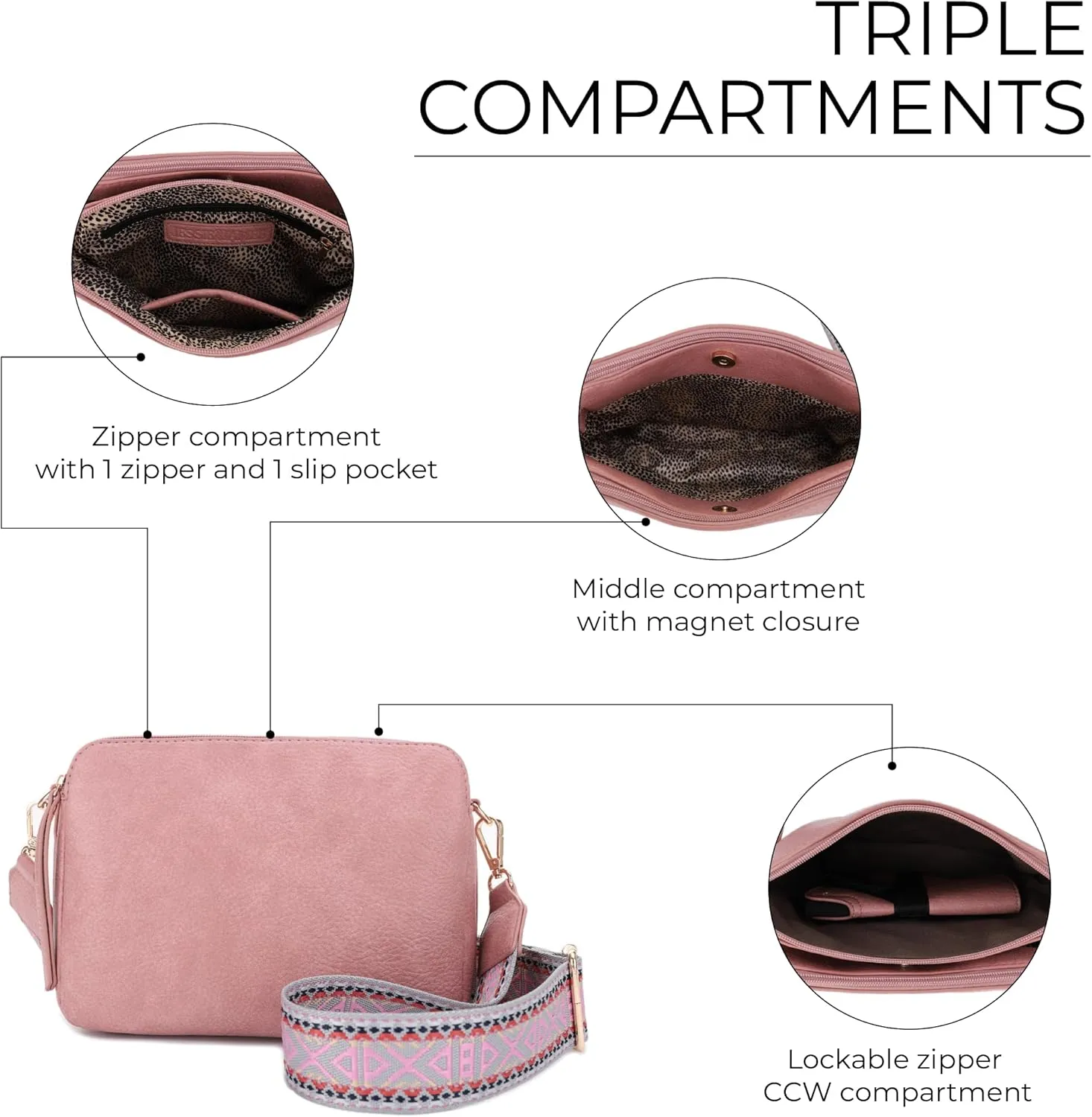 JESSIE & JAMES Rebecca Triple Compartment Lock and Key Lightweight Medium Crossbody Purse with Guitar Strap