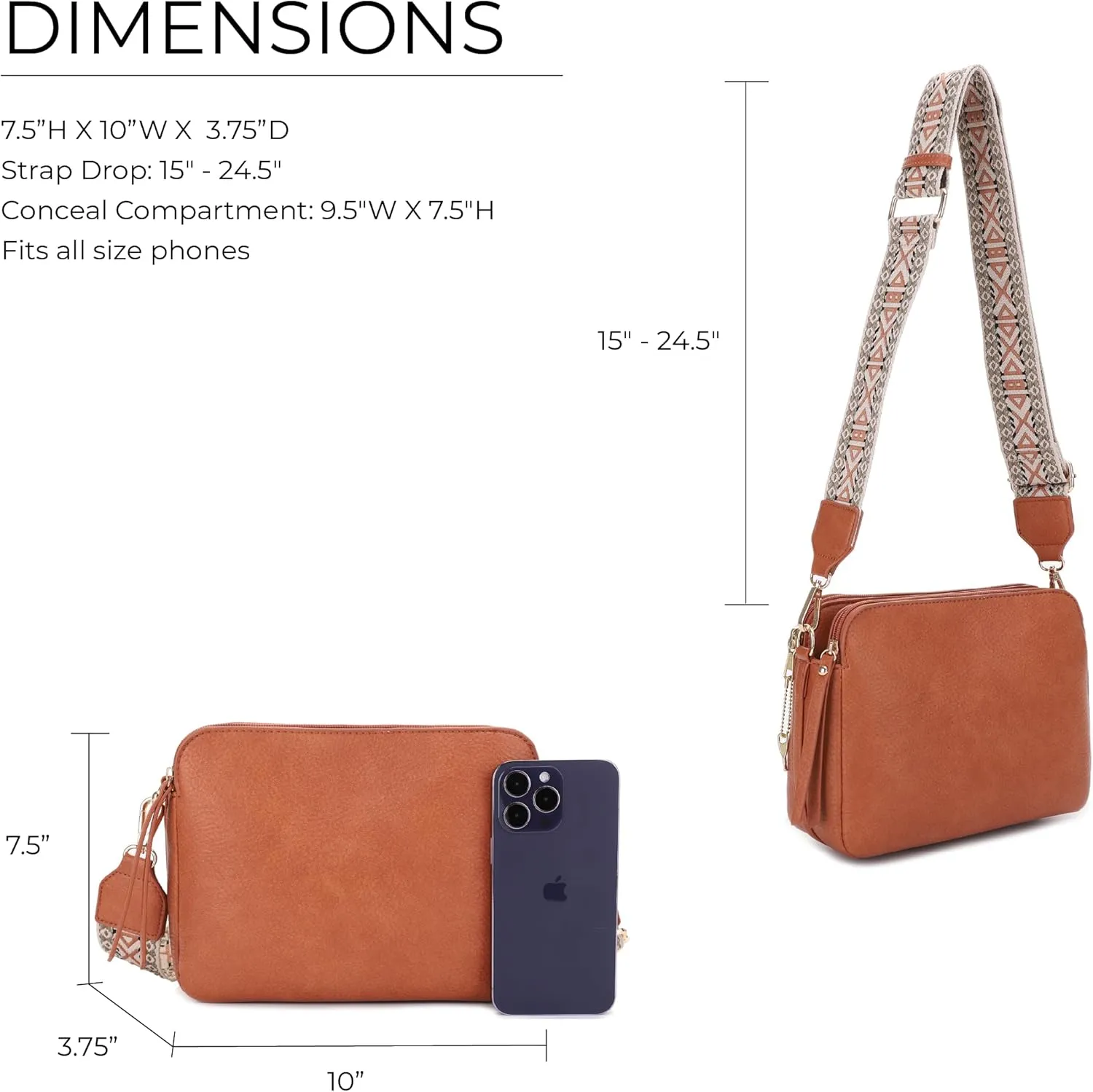 JESSIE & JAMES Rebecca Triple Compartment Lock and Key Lightweight Medium Crossbody Purse with Guitar Strap