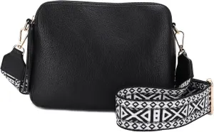 JESSIE & JAMES Rebecca Triple Compartment Lock and Key Lightweight Medium Crossbody Purse with Guitar Strap