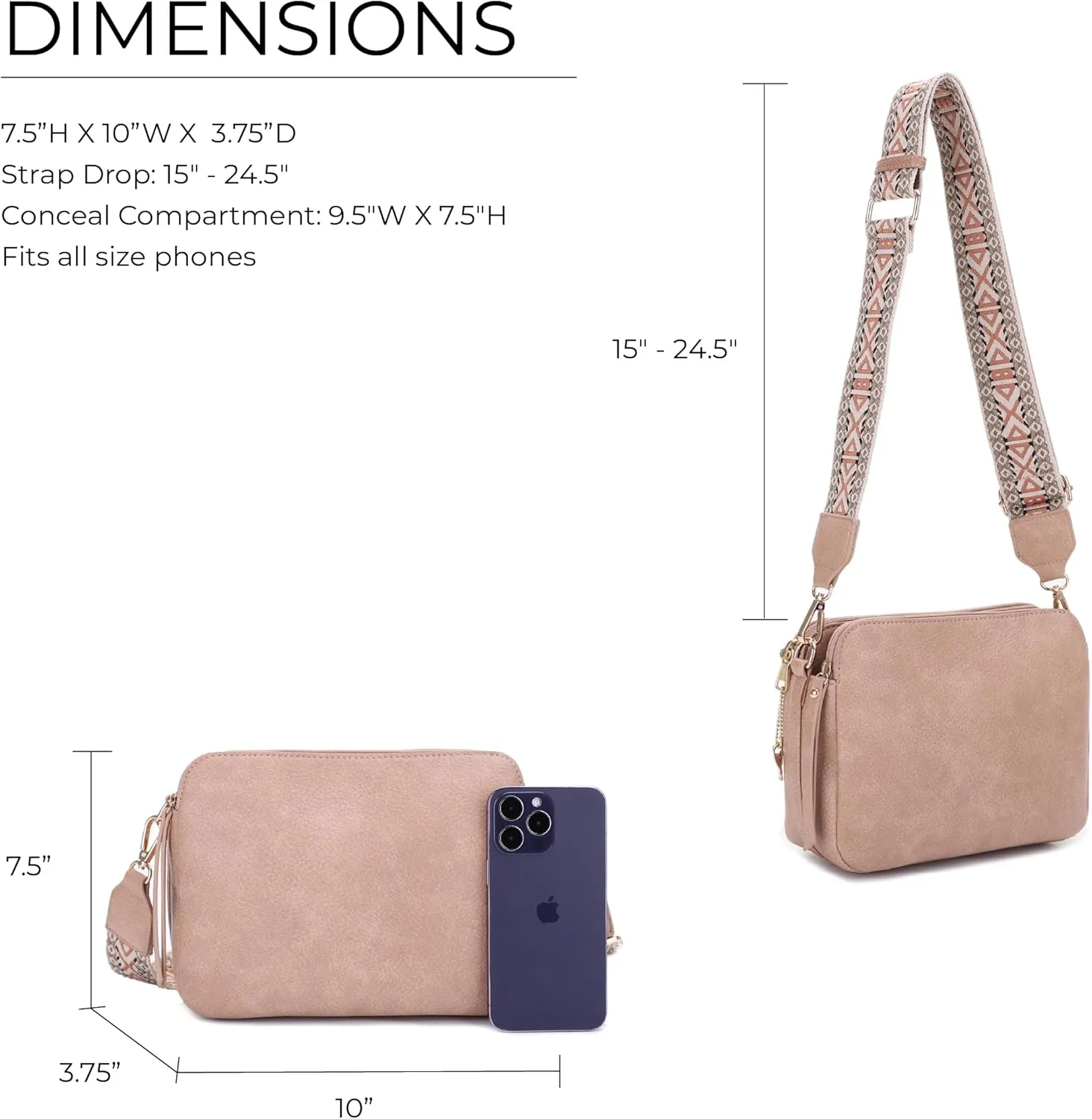 JESSIE & JAMES Rebecca Triple Compartment Lock and Key Lightweight Medium Crossbody Purse with Guitar Strap