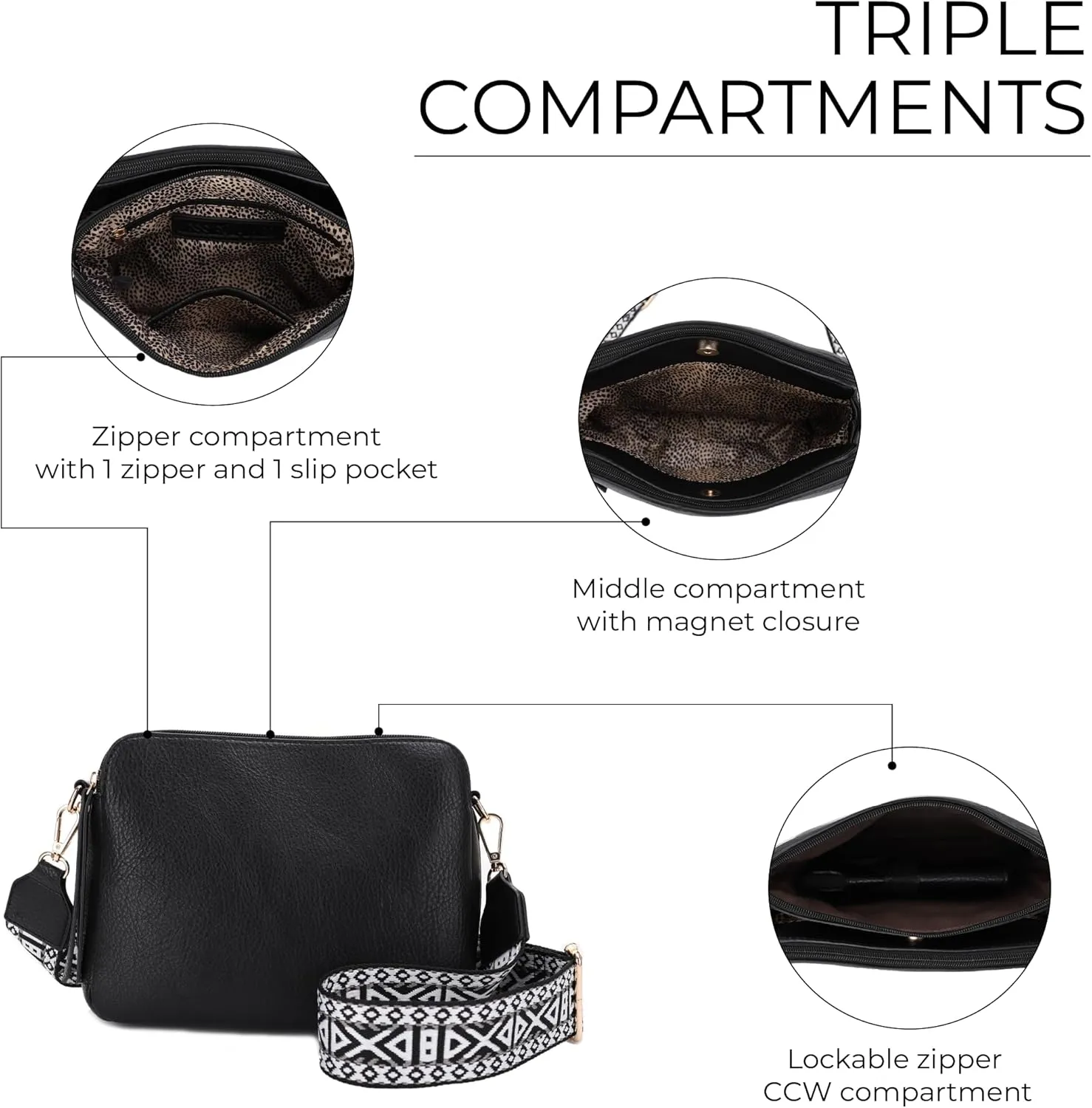 JESSIE & JAMES Rebecca Triple Compartment Lock and Key Lightweight Medium Crossbody Purse with Guitar Strap