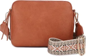 JESSIE & JAMES Rebecca Triple Compartment Lock and Key Lightweight Medium Crossbody Purse with Guitar Strap
