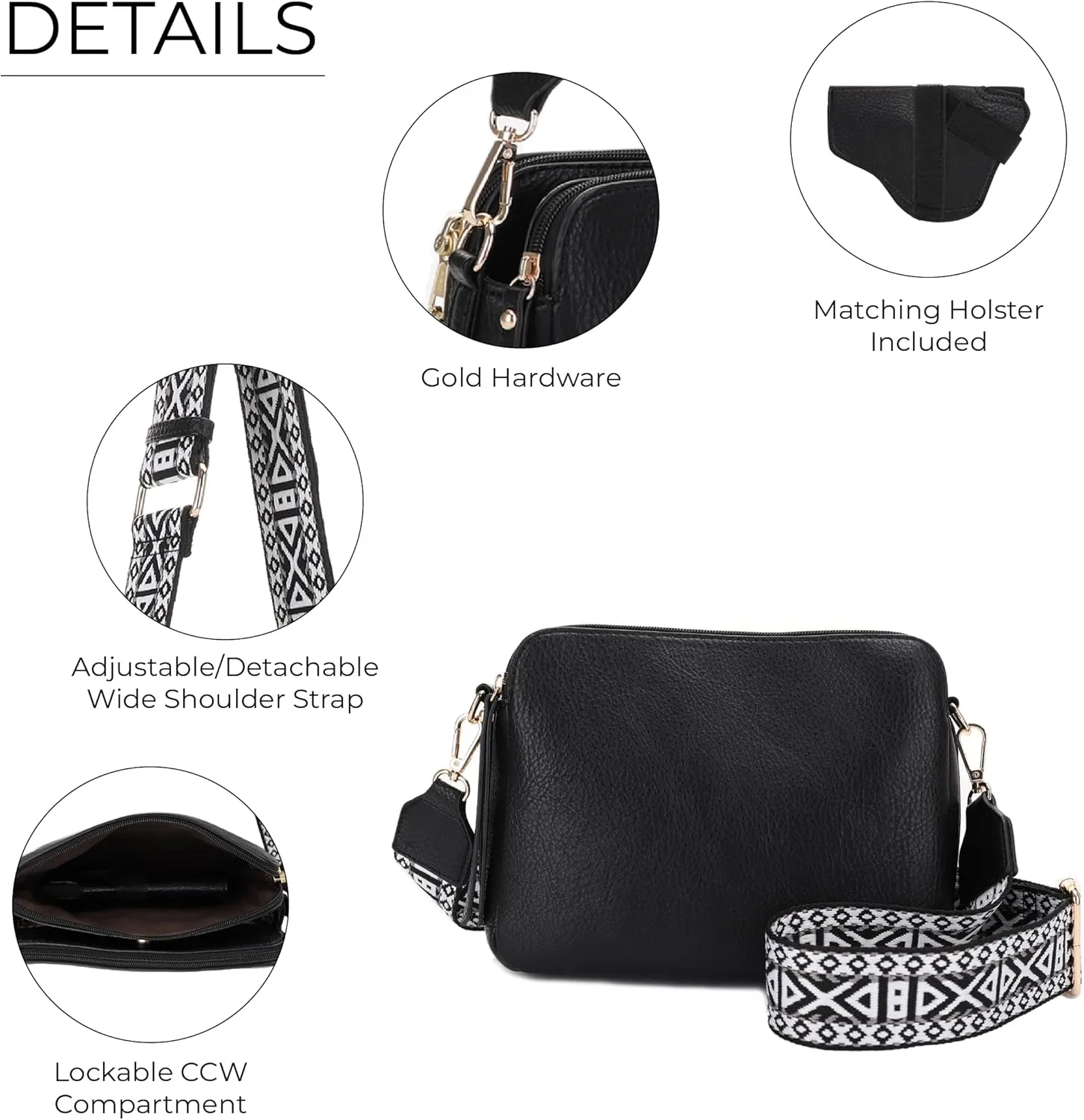 JESSIE & JAMES Rebecca Triple Compartment Lock and Key Lightweight Medium Crossbody Purse with Guitar Strap