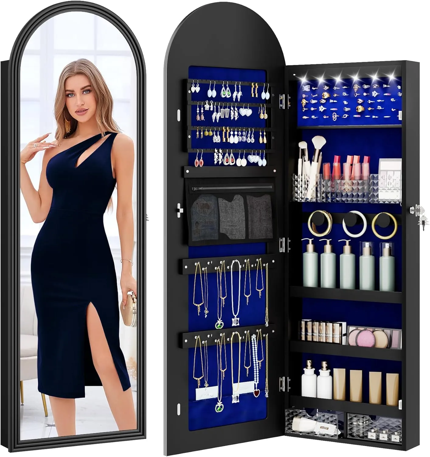 Jewelry Cabinet Organizer with Lockable Full-Length Mirror, 6 LEDS Wall/Door Mounted Jewelry Armoire with Storage, Arched Hanging Framed Mirror Cabinet with 2 Drawers,Gift for Women Girls,Black