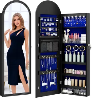 Jewelry Cabinet Organizer with Lockable Full-Length Mirror, 6 LEDS Wall/Door Mounted Jewelry Armoire with Storage, Arched Hanging Framed Mirror Cabinet with 2 Drawers,Gift for Women Girls,Black