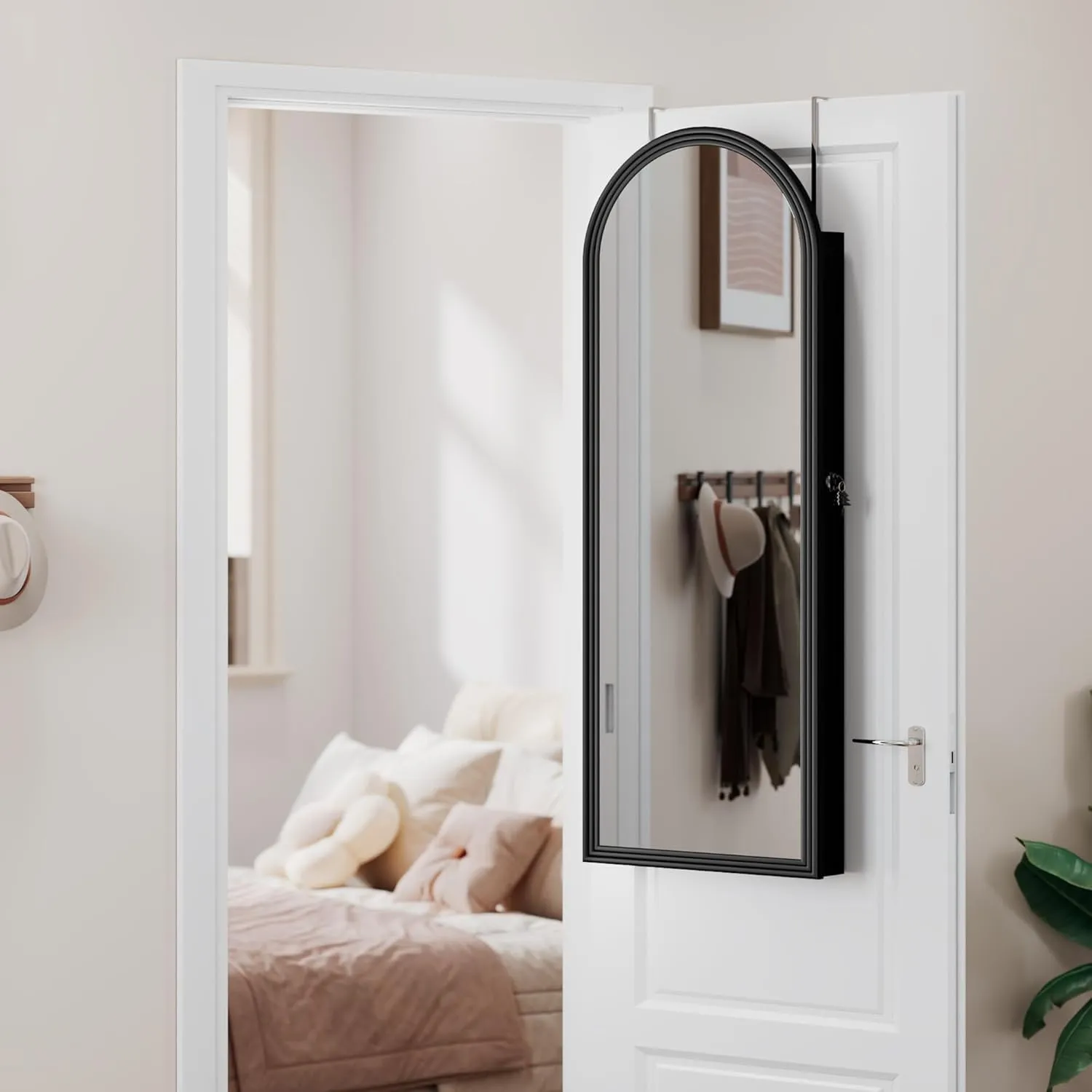 Jewelry Cabinet Organizer with Lockable Full-Length Mirror, 6 LEDS Wall/Door Mounted Jewelry Armoire with Storage, Arched Hanging Framed Mirror Cabinet with 2 Drawers,Gift for Women Girls,Black