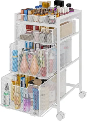 JKsmart Rolling Makeup Cart Organizer with 3 Drawers, Cosmetics Display with Dividers, Floor Skincare Storage with Wheels, Versatile Vanity Organizer for Nail Polish Perfume Brush Hair Tool, White