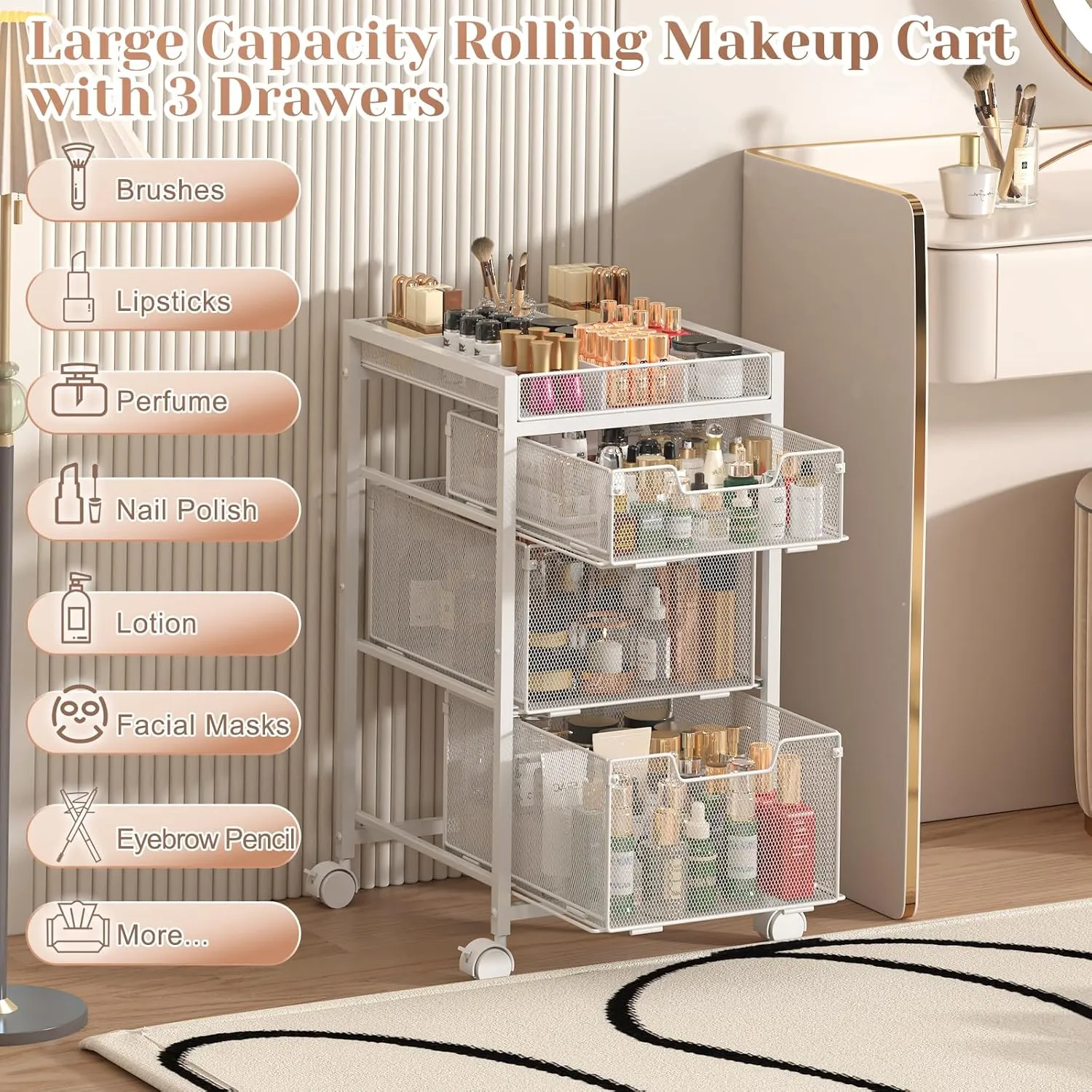 JKsmart Rolling Makeup Cart Organizer with 3 Drawers, Cosmetics Display with Dividers, Floor Skincare Storage with Wheels, Versatile Vanity Organizer for Nail Polish Perfume Brush Hair Tool, White