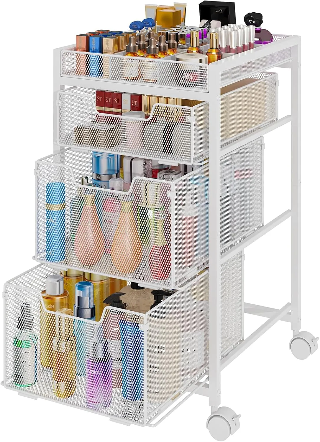 JKsmart Rolling Makeup Cart Organizer with 3 Drawers, Cosmetics Display with Dividers, Floor Skincare Storage with Wheels, Versatile Vanity Organizer for Nail Polish Perfume Brush Hair Tool, White