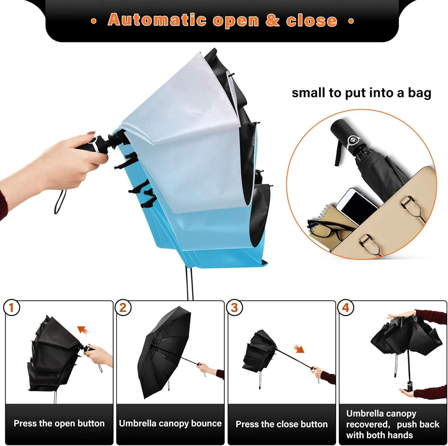 Joisal Violet Slate Blue Gradient Travel Umbrella Windproof Travel Black Uv Protection Umbrella Portable Umbrella Automatic Open and Close for Rain and Sun