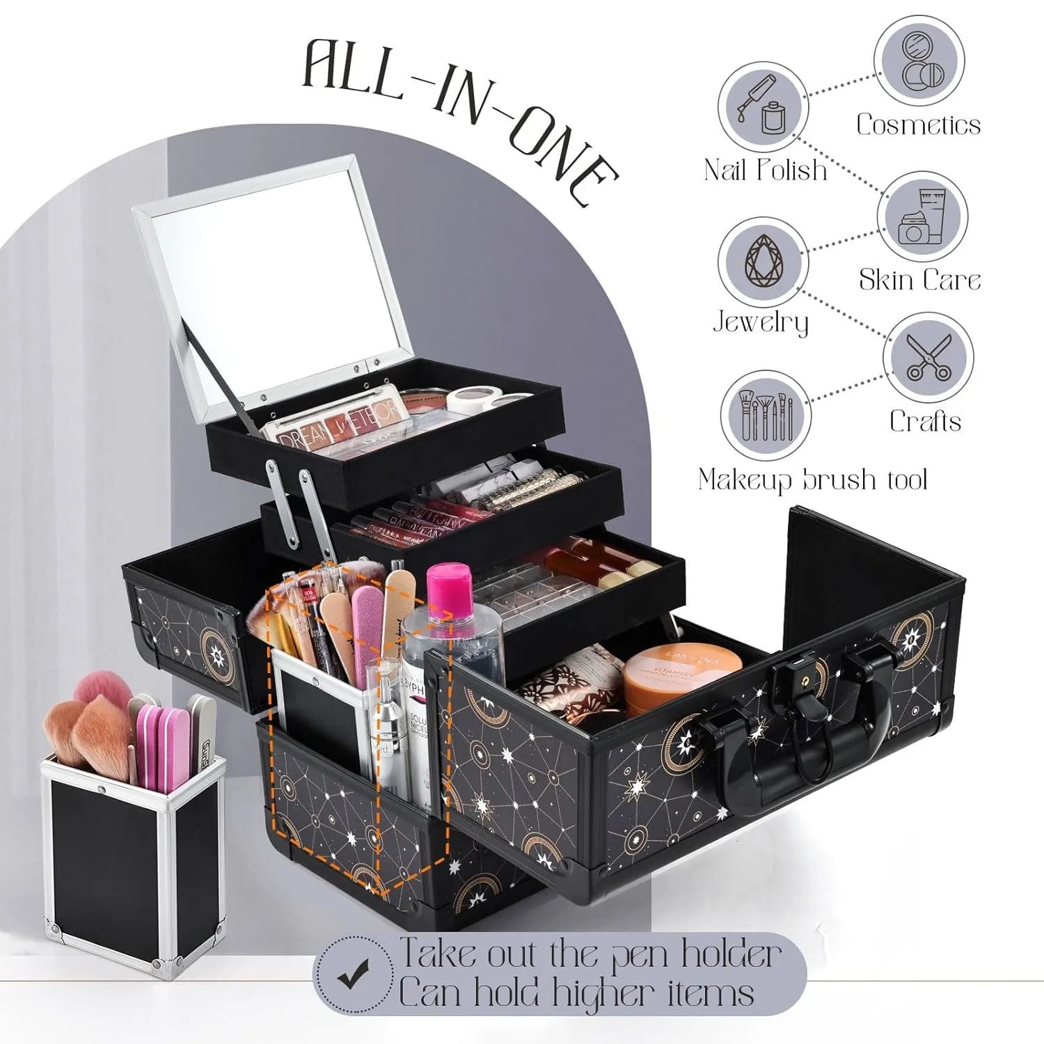 Joligrace 11.8 inch Makeup Train Case Cosmetic Organizer Box Lockable with 3 Trays and a Brush Holder Pattern Collection - Star Chart