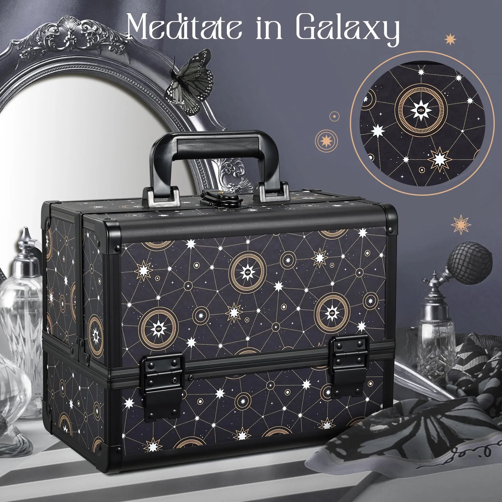 Joligrace 11.8 inch Makeup Train Case Cosmetic Organizer Box Lockable with 3 Trays and a Brush Holder Pattern Collection - Star Chart