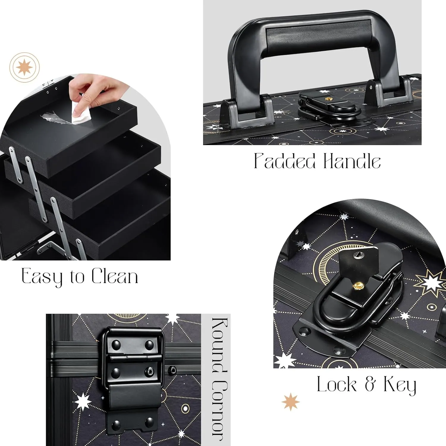Joligrace 11.8 inch Makeup Train Case Cosmetic Organizer Box Lockable with 3 Trays and a Brush Holder Pattern Collection - Star Chart