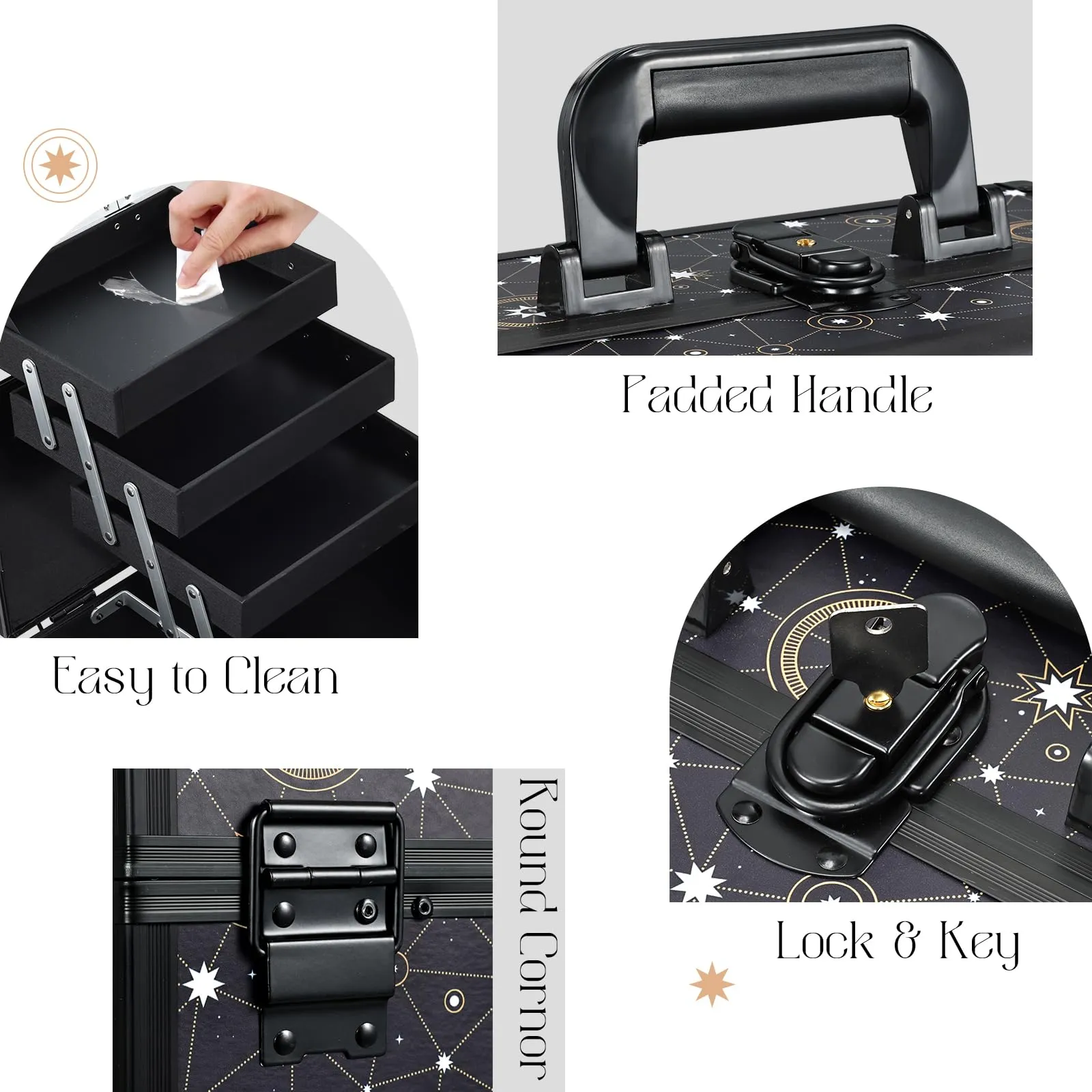 Joligrace 11.8 inch Makeup Train Case Cosmetic Organizer Box Lockable with 3 Trays and a Brush Holder Pattern Collection - Star Chart