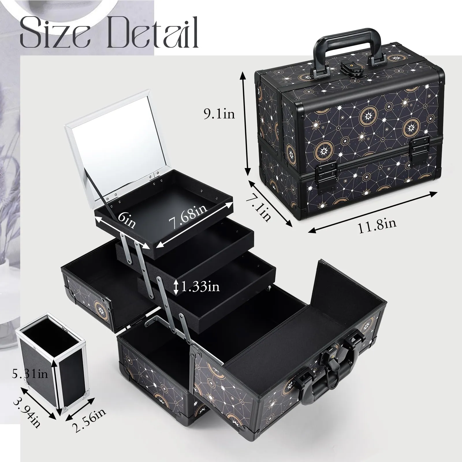 Joligrace 11.8 inch Makeup Train Case Cosmetic Organizer Box Lockable with 3 Trays and a Brush Holder Pattern Collection - Star Chart