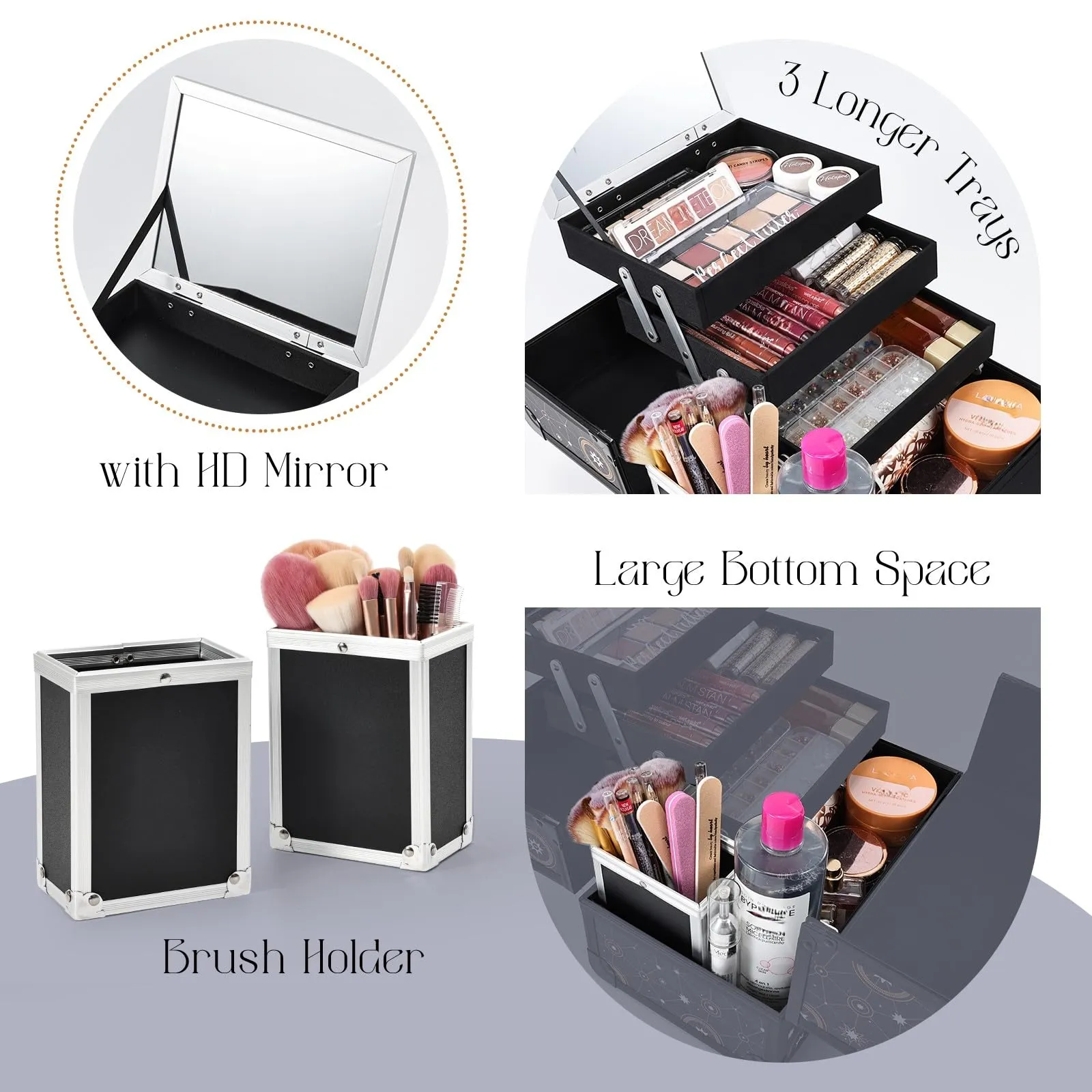 Joligrace 11.8 inch Makeup Train Case Cosmetic Organizer Box Lockable with 3 Trays and a Brush Holder Pattern Collection - Star Chart