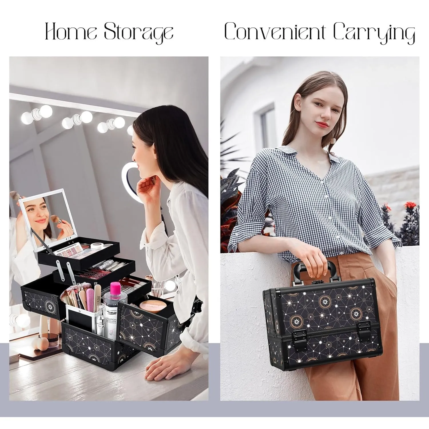 Joligrace 11.8 inch Makeup Train Case Cosmetic Organizer Box Lockable with 3 Trays and a Brush Holder Pattern Collection - Star Chart