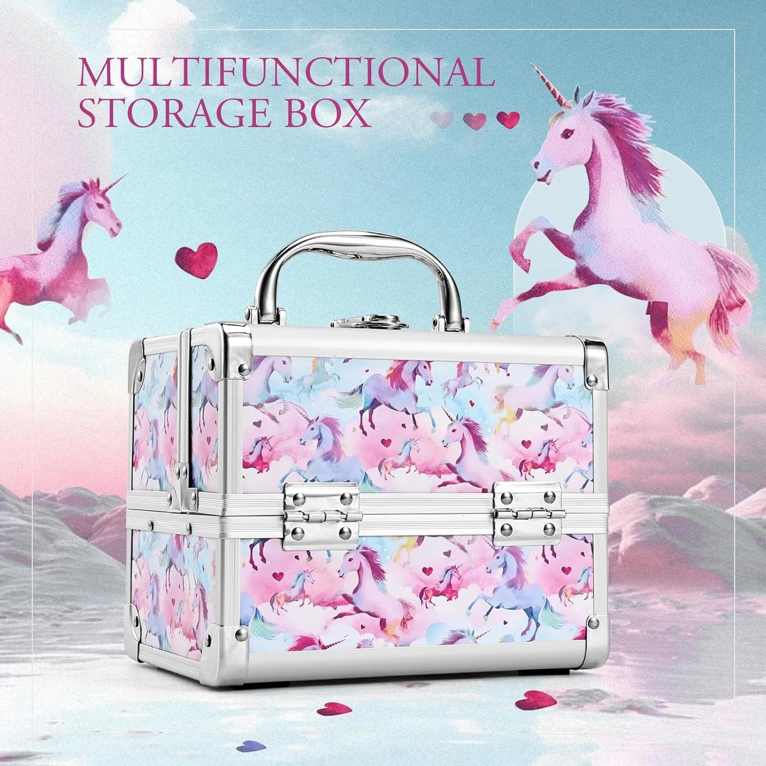Joligrace Makeup Case for Girls Cosmetic Train Case Makeup Storage Box Jewelry Organizer Hair Accessories Lockable with Trays & Mirror Kids Gift Coloful Pink Unicorn