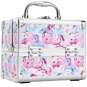 Joligrace Makeup Case for Girls Cosmetic Train Case Makeup Storage Box Jewelry Organizer Hair Accessories Lockable with Trays & Mirror Kids Gift Coloful Pink Unicorn
