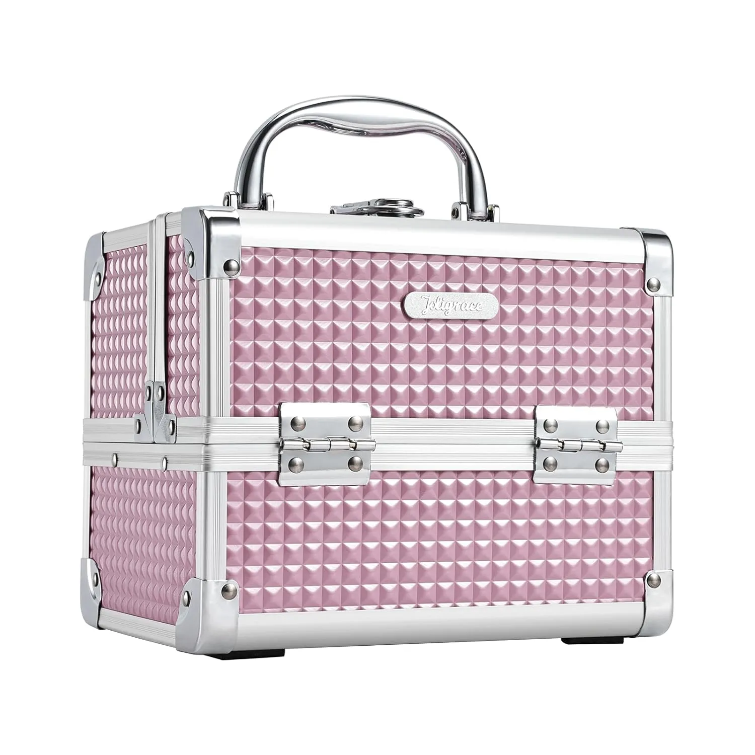 Joligrace Makeup Case Portable Makeup Box Travel Train Case Cosmetic Case Organizer with 2 trays Mirror Locking Make Up Artist Storage Vanity Craft Nail Case Traveling Cosmetic Box Pink