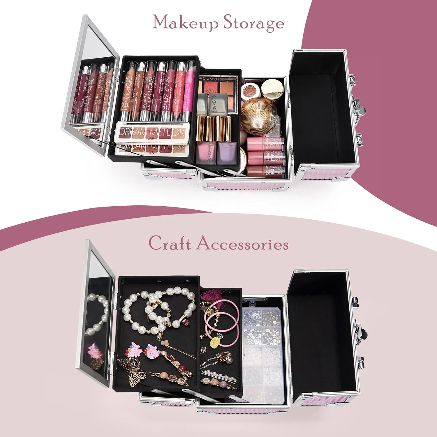 Joligrace Makeup Case Portable Makeup Box Travel Train Case Cosmetic Case Organizer with 2 trays Mirror Locking Make Up Artist Storage Vanity Craft Nail Case Traveling Cosmetic Box Pink