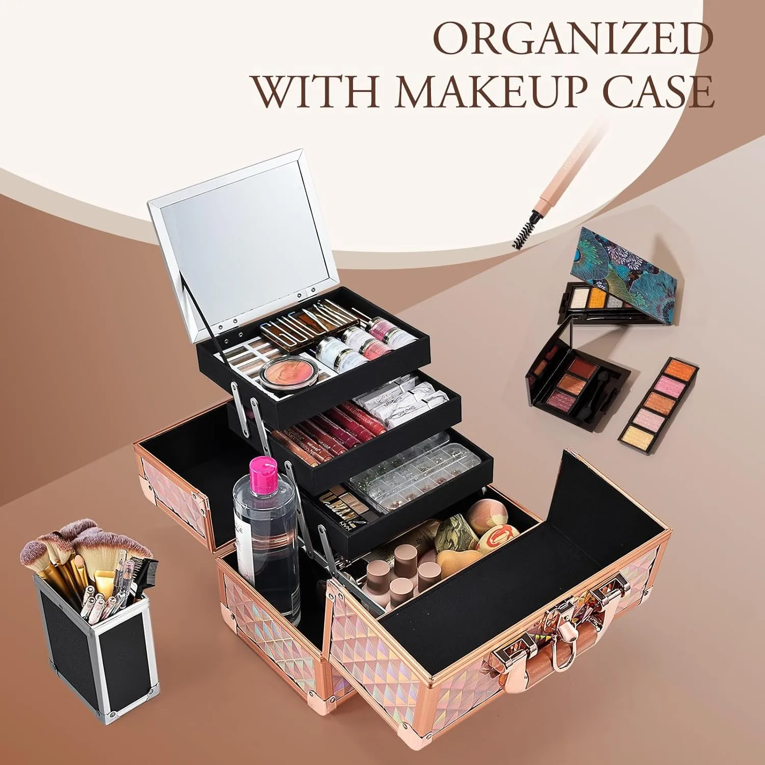 Joligrace Makeup Train Case Cosmetic Box 11.6 Inch Jewelry Organizer Professional 3 Tiers Trays with Mirror and Brush Holder Lockable Key Portable Travel - Rose Gold