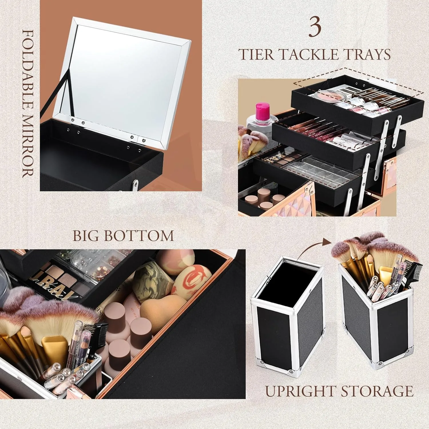 Joligrace Makeup Train Case Cosmetic Box 11.6 Inch Jewelry Organizer Professional 3 Tiers Trays with Mirror and Brush Holder Lockable Key Portable Travel - Rose Gold
