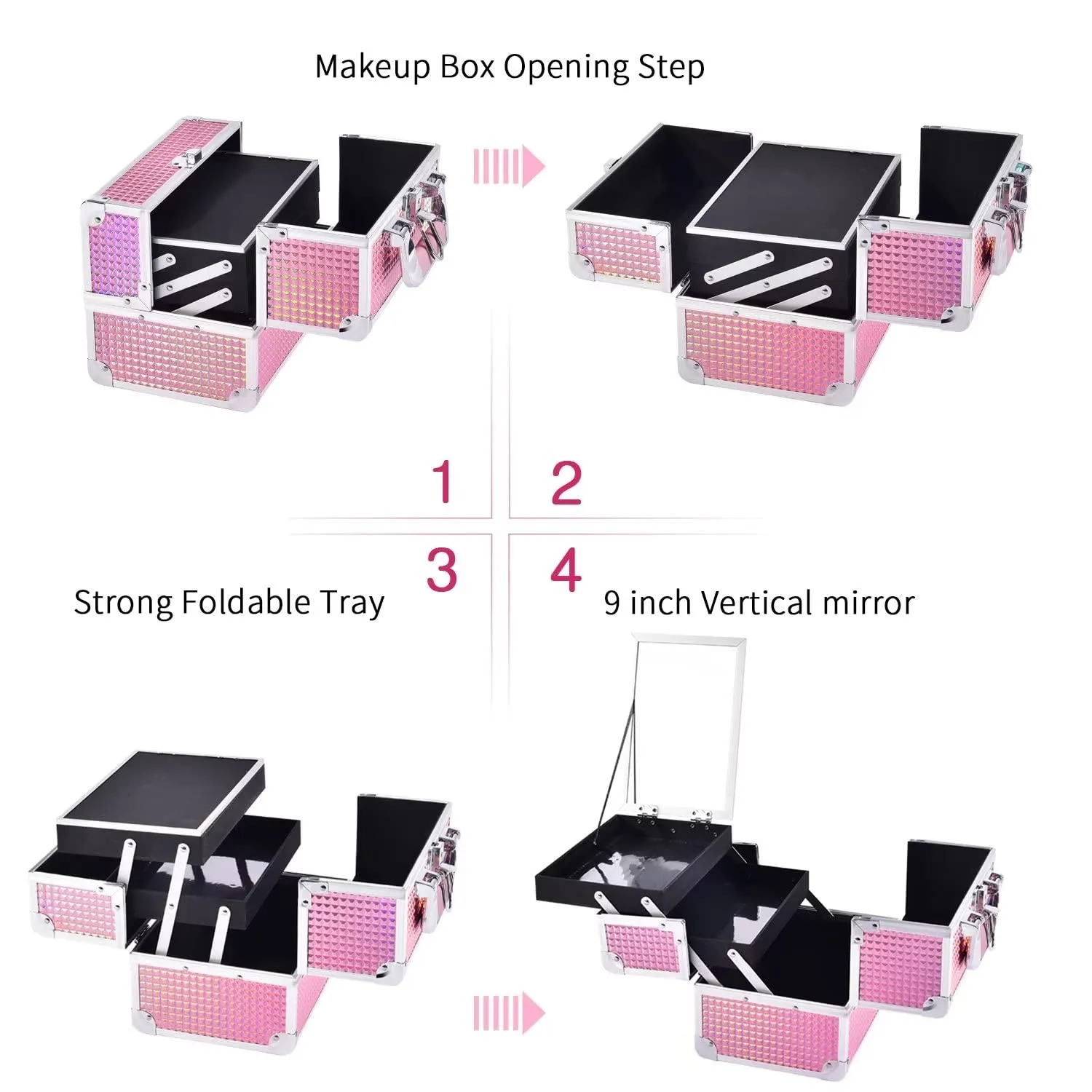 Joligrace Makeup Train Case Makeup Case Organizer Portable Cosmetic Box Storage with 2 Trays Mirror Locking Make Up Artist Travel Case Nail Kits Traveling Makeup Box Mermaid Pink