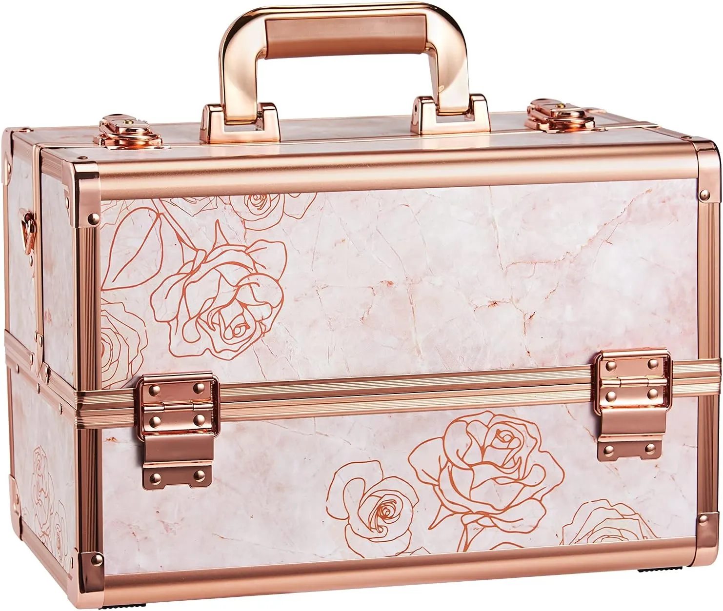 Joligrace Makeup Train Case Professional Cosmetic Organizer Aluminum Storage Box with 4 Adjustable Dividers Trays Lockable Portable with Shoulder Strap