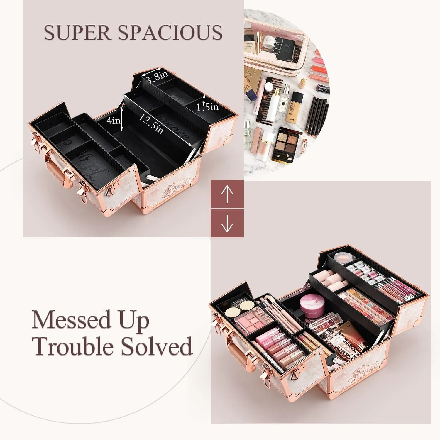 Joligrace Makeup Train Case Professional Cosmetic Organizer Aluminum Storage Box with 4 Adjustable Dividers Trays Lockable Portable with Shoulder Strap