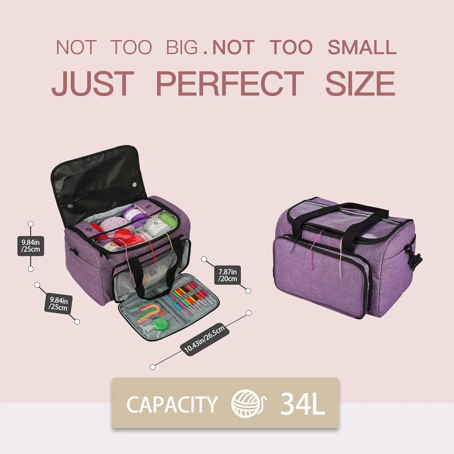 JOZEA Yarn Crochet Bag, Large Capacity Storage Bag for Wool Balls, Crochet Hooks and Knitting Needles (Purple) …
