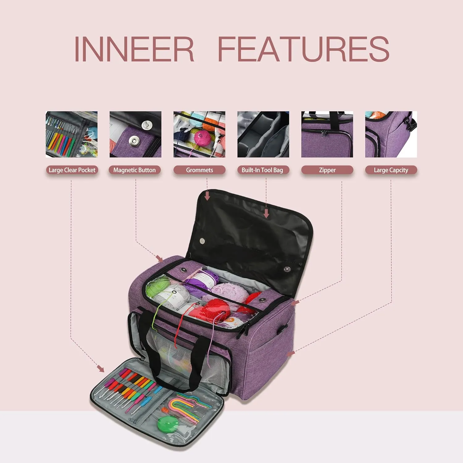 JOZEA Yarn Crochet Bag, Large Capacity Storage Bag for Wool Balls, Crochet Hooks and Knitting Needles (Purple) …