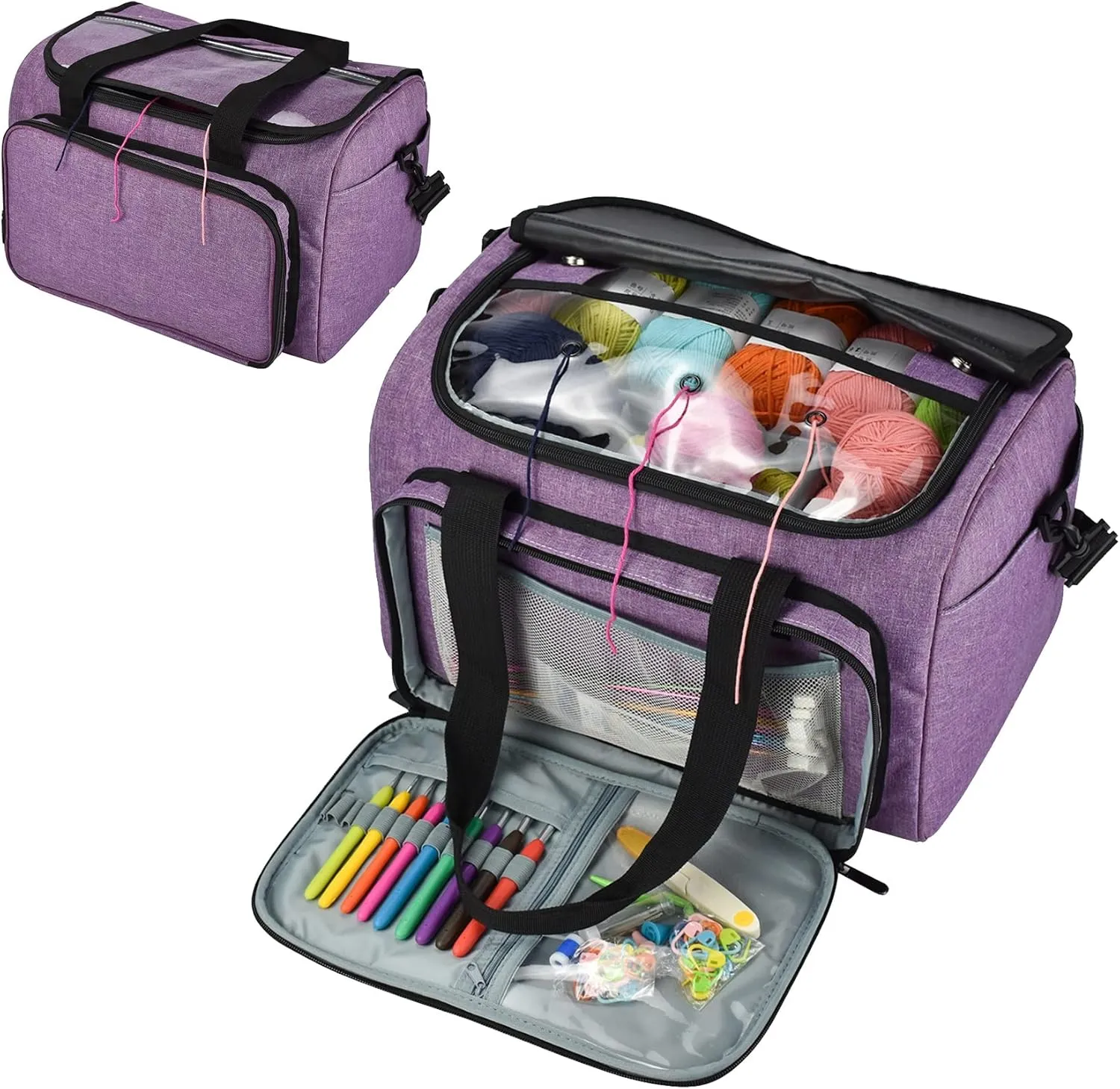 JOZEA Yarn Crochet Bag, Large Capacity Storage Bag for Wool Balls, Crochet Hooks and Knitting Needles (Purple) …