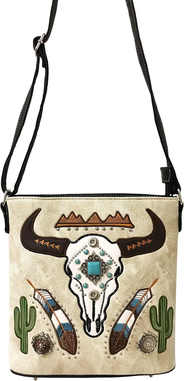 Justin West Native Longhorn Cow Skull Cactus Feather Color Conceal Carry Shoulder Handbag Purse | Trifold Wallet