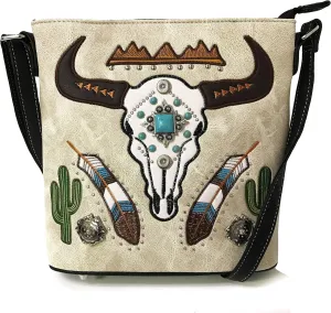Justin West Native Longhorn Cow Skull Cactus Feather Color Conceal Carry Shoulder Handbag Purse | Trifold Wallet