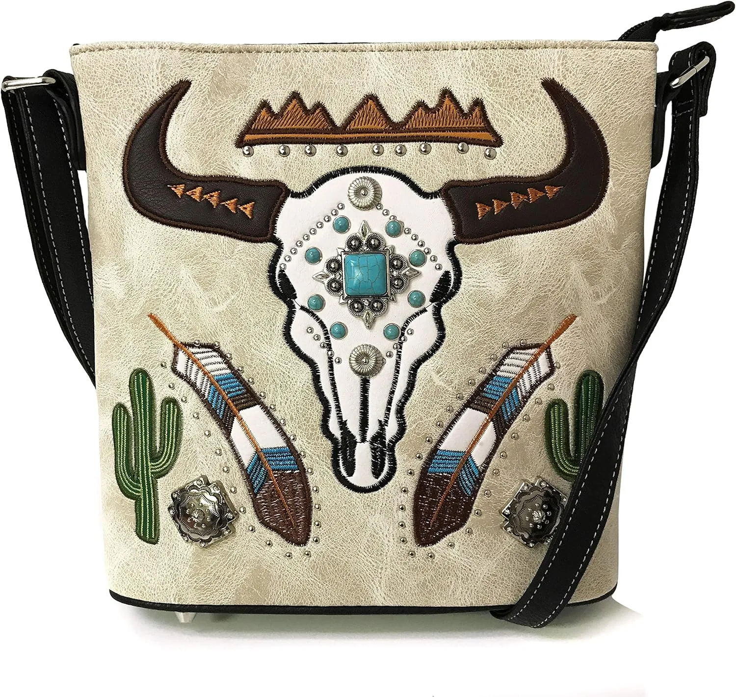 Justin West Native Longhorn Cow Skull Cactus Feather Color Conceal Carry Shoulder Handbag Purse | Trifold Wallet