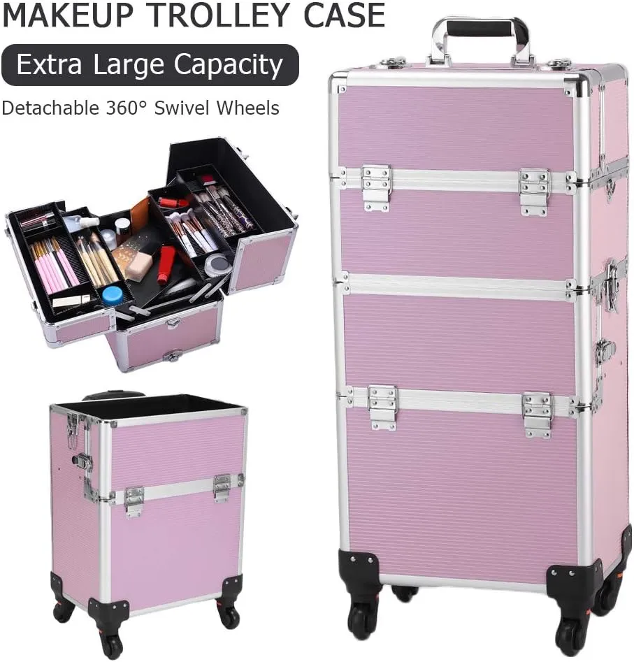 Karl home 3 in 1 Makeup Train Case Rolling Cosmetic Trolley Large Capacity Travel Organizer with Key 360°Swivel Wheels Suitcase for Beauticians Hairstylists Nail Tech Students, Pink