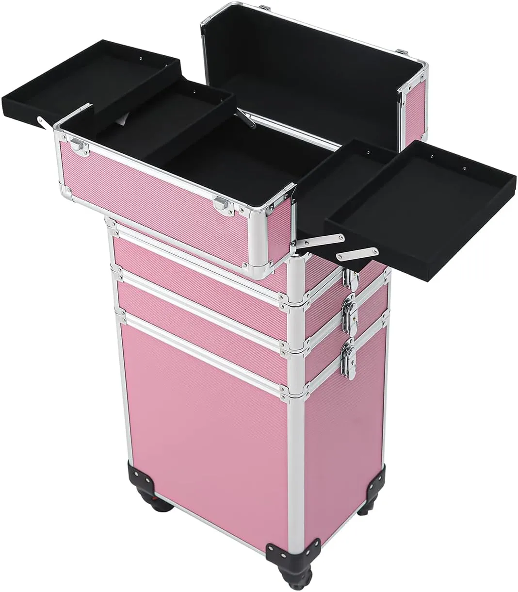 Karl home 4 in 1 Makeup Train Case Rolling Cosmetic Trolley Large Capacity Travel Organizer with Key 360°Swivel Wheels for Beauticians Hairstylists Nail Tech Students, Pink
